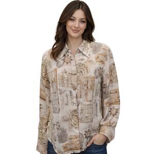 Tess sz S 100% silk neutral nostalgia long sleeve button up blouse vintage EUC